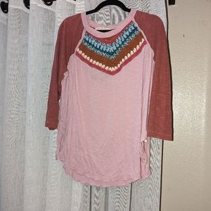 Women’s Pink Raglan Top with Multicolor Crochet Yoke